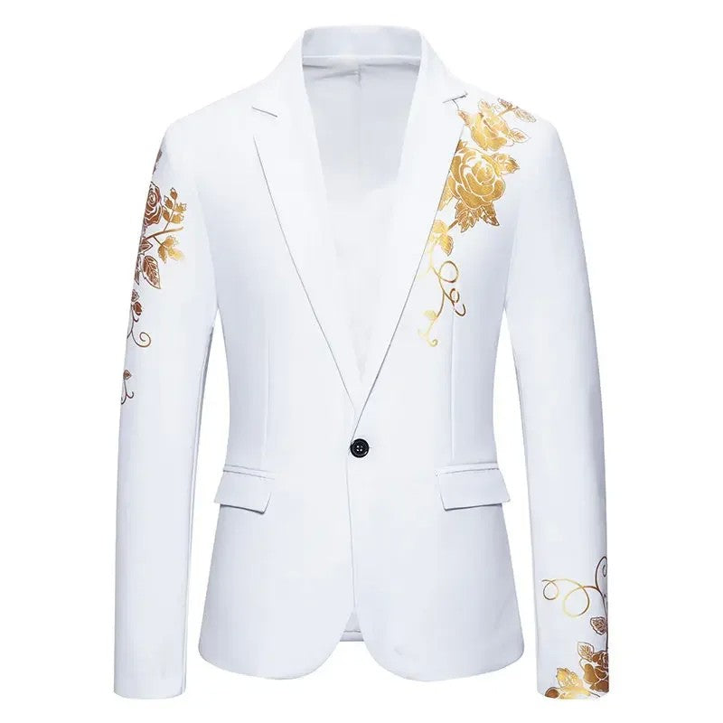 2024 New Men Business Social Suit Loose Jacket Black / White / Royal Blue Fashion Male Wedding Prom Party Rose Printed Blazers