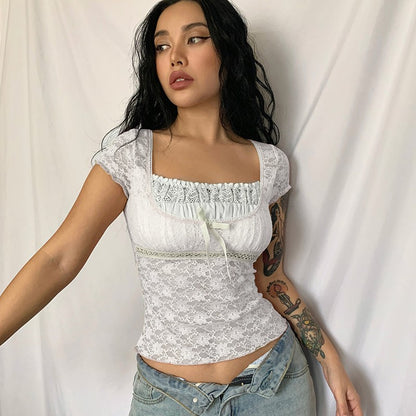 2025 New Retro Lace Tops Women y2k Gothic Sweety Shirts Short Sleeve Lace Square Neck Crop Tops and Blouses Summer Tshirt