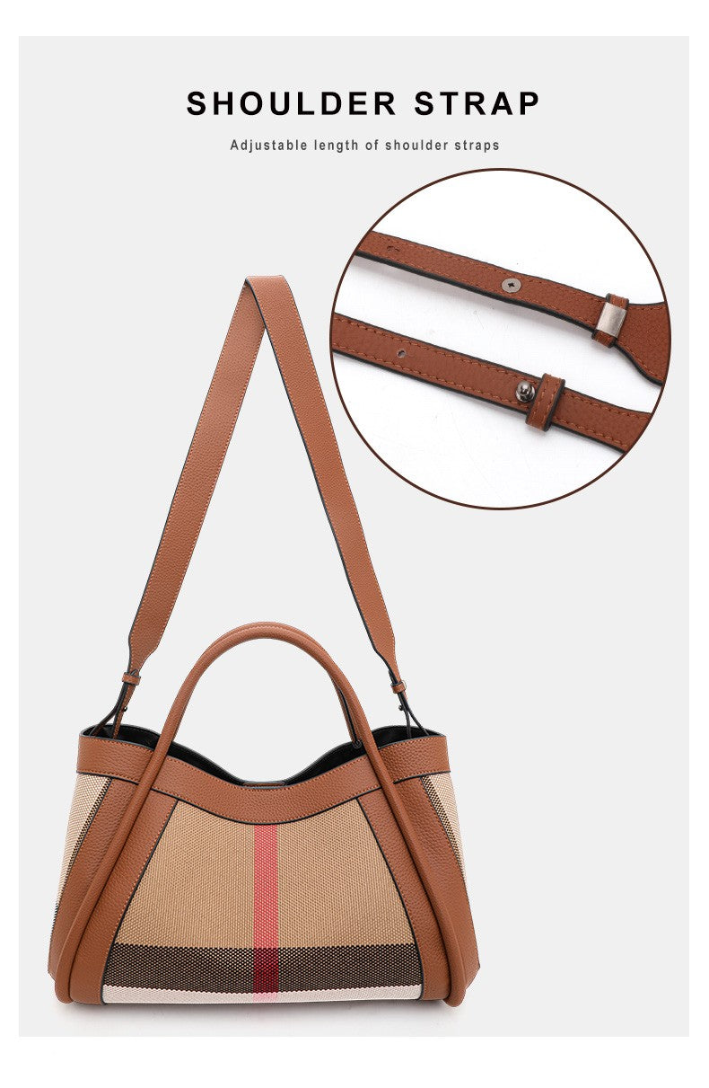 Aidrani  2025 New retro checkered women's handbag, large capacity luxury bag, canvas genuine leather bag