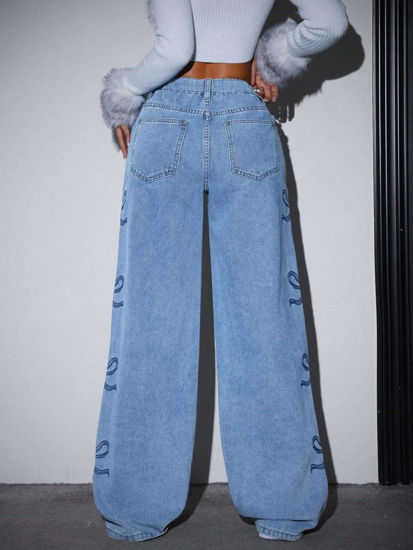 Denim Pants Women Bow Print Jeans High Waist Washed Distressed Straight Trousers Vintage Floor Length Streetwear Wide Leg Pants