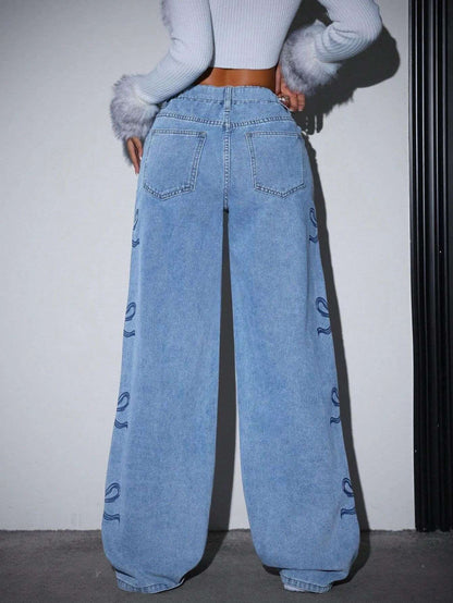 Denim Pants Women Bow Print Jeans High Waist Washed Distressed Straight Trousers Vintage Floor Length Streetwear Wide Leg Pants