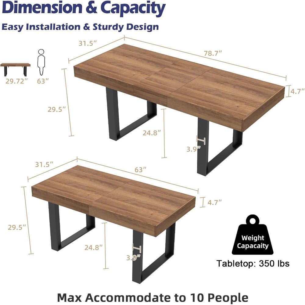63”-79” Extendable Dining Room Table, Modern Farmhouse Wooden Kitchen Table, Long Expandable Dining Table for 6 8 10