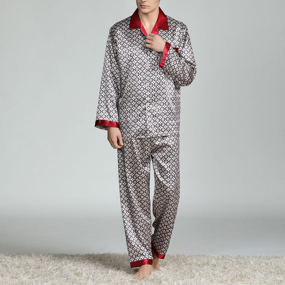Mens Satin Silk Pajama Sets Sleepwear Casual Nightgown Loose Loungewear Pajamas Pijamas Autumn New Print Nightwear Homewear