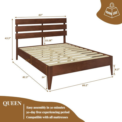 Wood Queen Bed Frame with Headboard, Mid-Century Modern Solid Wood Platform Bed with Solid Wood Legs & Wooden Slat Support, Stur