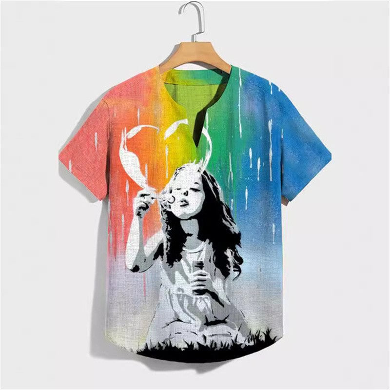 Fashion men's V-neck shirt T-shirt Hawaiian men's printed linen short-sleeved button-down shirt seaside holiday casual shirt