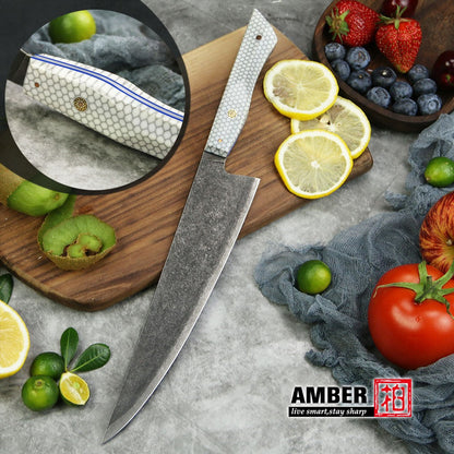 Conjunto de 3 facas de cozinha japonesas afiadas Damascus para Chef e Nakiri, lâmina de aço revestida de 3 camadas com cabo de resina e espaçador G10
