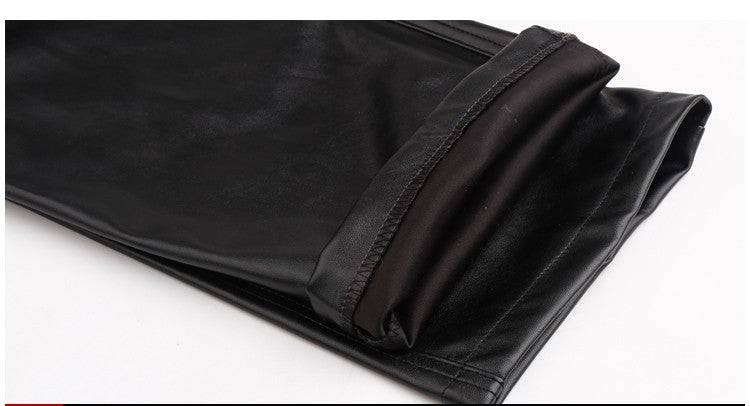 Men's Leather Pants Straight Fit Elastic PU Leather Trousers Motorcycle Pants Thin