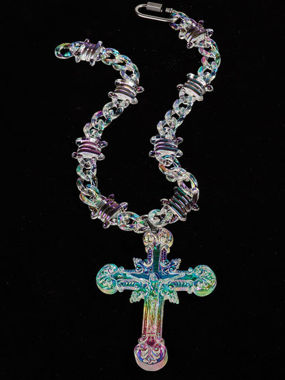 Colar com Pingente de Cruz Grande Iridescente de Jesus Cristo em Acrílico para Mulheres e Homens Colar com Corrente de Arame Farpado Joia de Presente