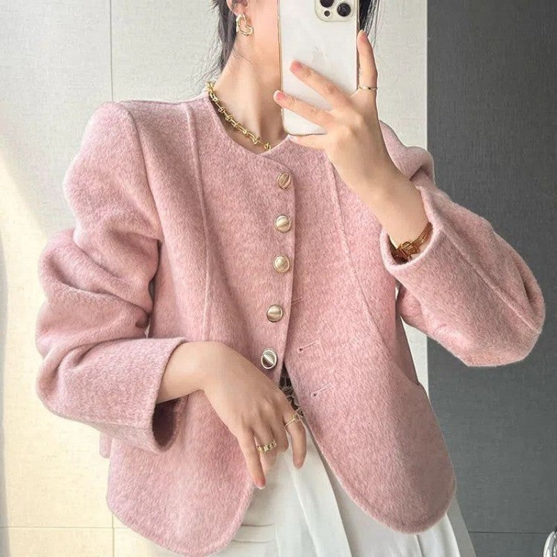 Women's New Round Neck Single-breasted Double-sided Tweed Coat Fashionable Casual and Versatile Elegant Top