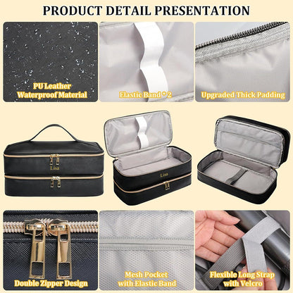 Customized name PU leather double-layer hair dryer storage bag, beauty tool box, hair curler accessories storage box