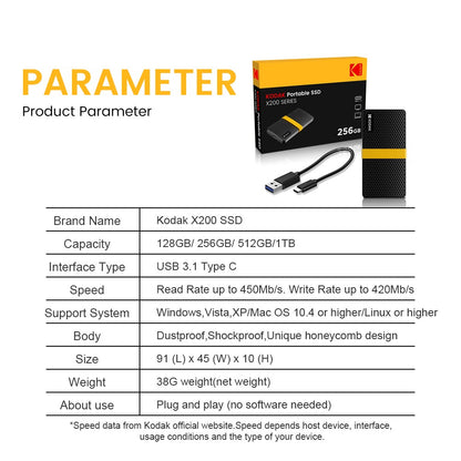 KODAK USB3.1 GEN2 SSD 1TB Disco Rígido Externo 128GB 256GB 512GB 1TB Mini PSSD de estado sólido para PCs laptops disco duro externo