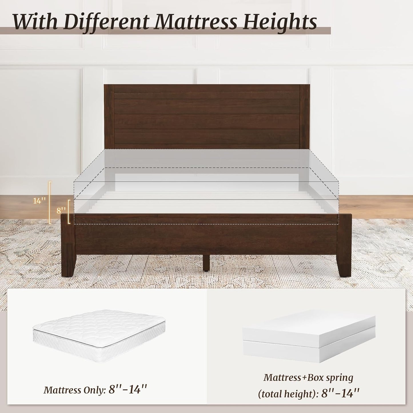 Estrutura de Cama Queen Size, Plataforma de Madeira Acácia com Cabeceira, Não Precisa de Box Spring, Capacidade 360 kg, Antiderrapante Sem Ruído,