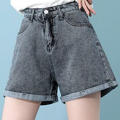 Summer 2024 New Women Rolled Edge Hot Denim Shorts Lady Korean Mini Pants Girls Elastic Blue Black Black Gray A Line Short Jeans