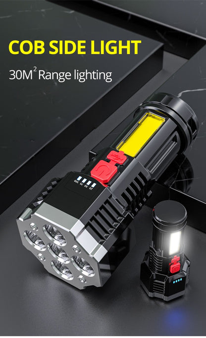 High Power Rechargeable Led Flashlights 7LED Camping Torch With Cob Side Light Lightweight Outdoor Lighting ABS Material