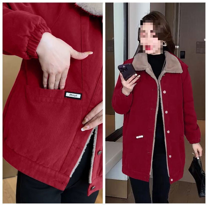 Plus Size Plus Size Fleece Lined Jacket Women's Winter Fashion Loose Coat Mid-Length High Quality Jacket for Mature Women