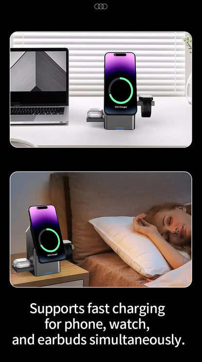 Rotating Magic Wireless Charger 3 in 1 Magnetic for Apple Dock Charger for Iphone 16 15 14 13 Pro Max Iwatch Airpods Charger