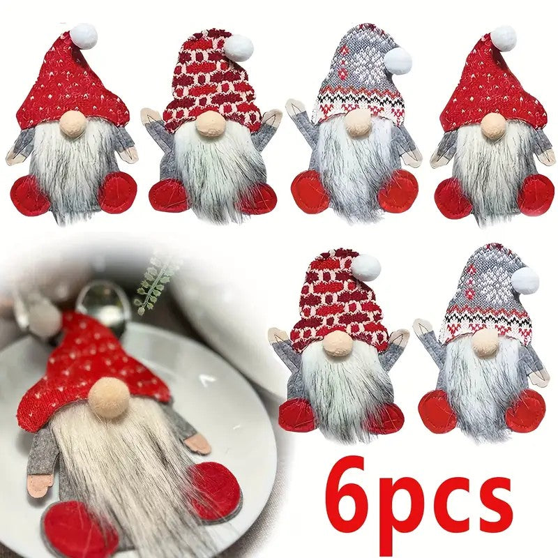 Um conjunto de 6 talheres (garfo e faca) temático de anões com um saco de armazenamento de tecido - talheres xadrez vermelho e branco, adequado para o Natal