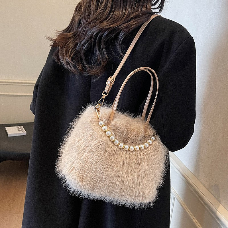 Winter Fashion Faux Fur Crossbody Bags for Women's Gift, Pearl Chain Decor Shoulder Bag, Ladies Handbags Top-handel Bag