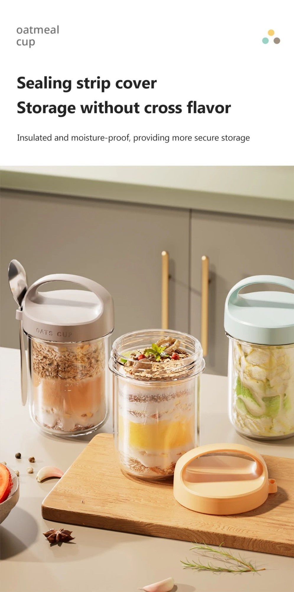 Copo de Aveia Noturna com Tampa e Colher 430ML - Vidro, Selável, Portátil, para Café da Manhã, Cereal, Leite, Salada, Iogurte - Item de Cozinha