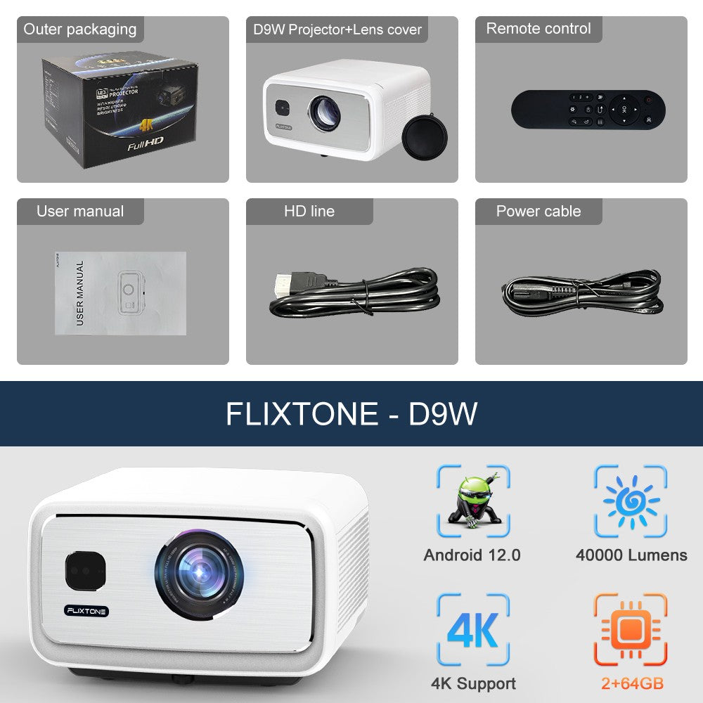 Projetor FlixTone D9W Ultra 3000 ANSI Full HD 1080P para Filmes Android WiFi 6 Home Theater Projetor Beam para Vídeos ao Ar Livre