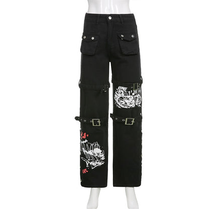 E-girl Gothic Black Cargo Pants Capri Women Low Waist Jeans Long Trousers Y2K Grunge Vintage Hip Hop Punk Harajuku Streetwear