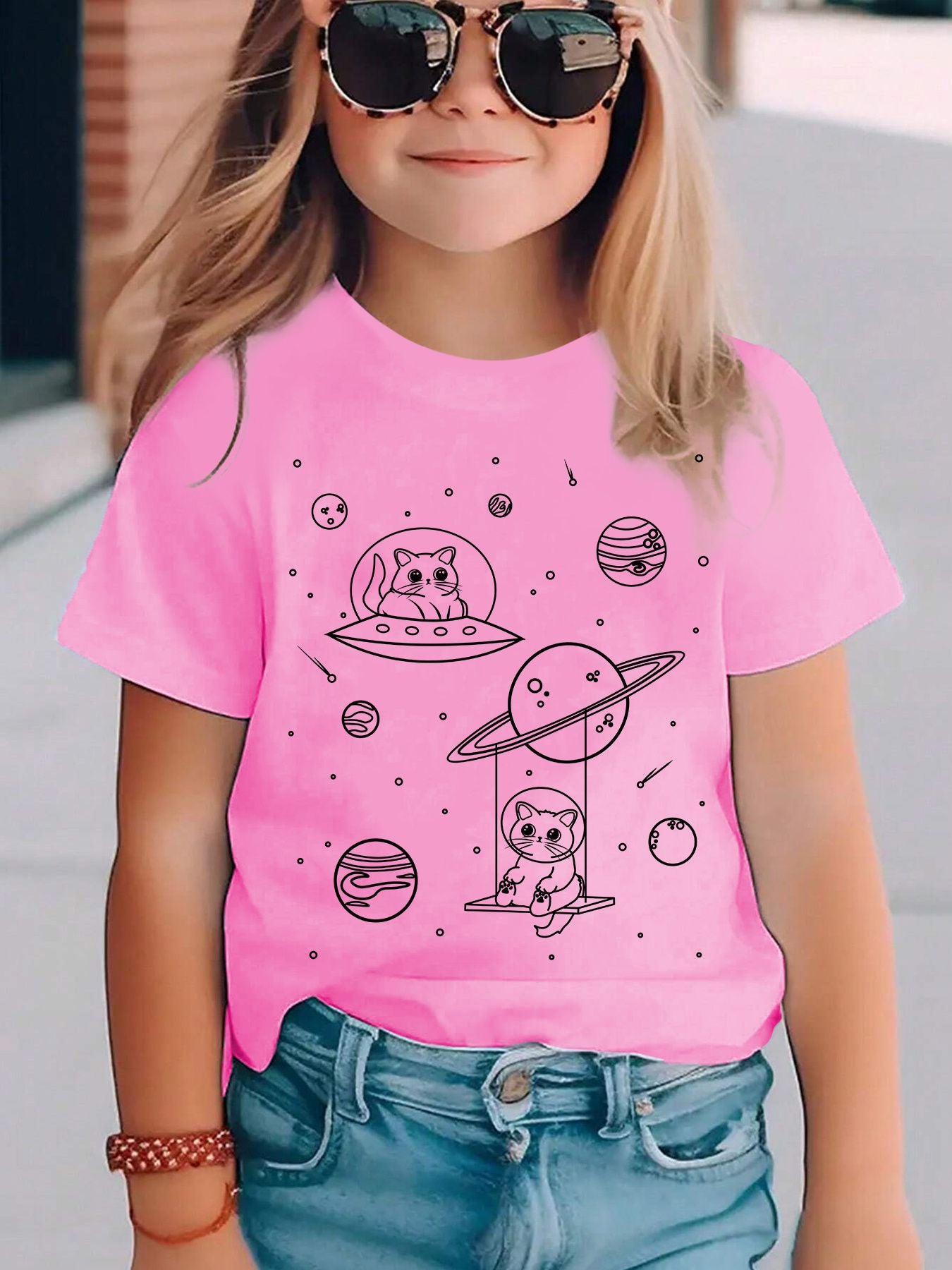 Camiseta Estampada Gato Espacial para Crianças Meninas Meninos Moda Casual Blusas Espaciais Menina Menino Camiseta Gato Fofo Roupa Infantil
