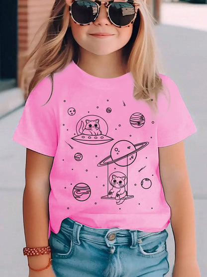 Camiseta Estampada Gato Espacial para Crianças Meninas Meninos Moda Casual Blusas Espaciais Menina Menino Camiseta Gato Fofo Roupa Infantil