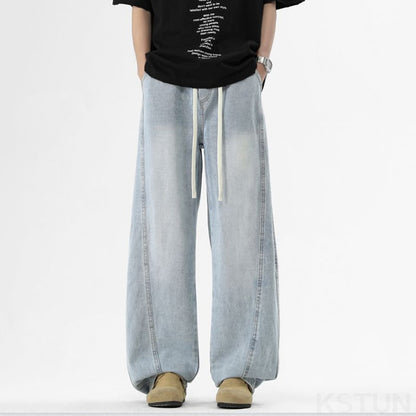 KSTUN Light Blue Jeans Men Straight Loose Mens Baggy Pants Elastic Wasit Wide Leg Jeans Vintage Washed Large Size Spring 2026