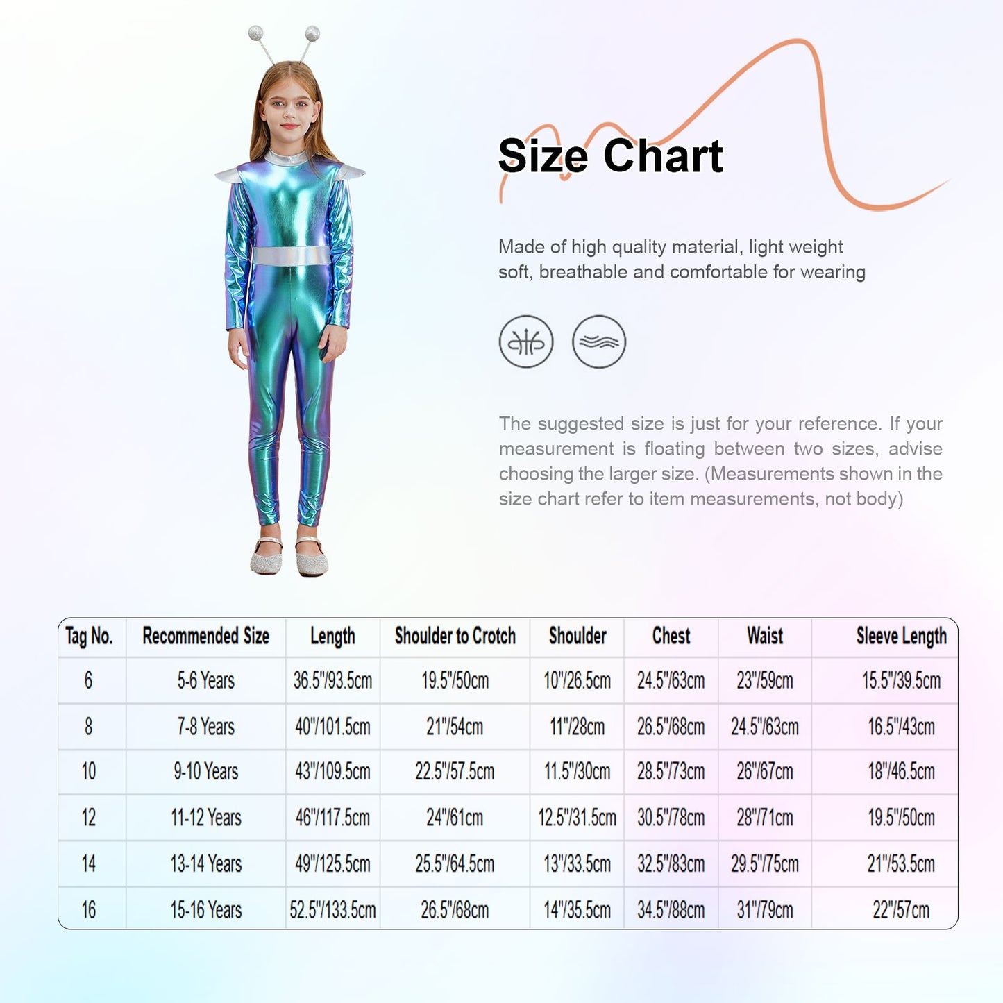 Kids Alien Cosplay Costume Outfits Boys Girls Metallic Shiny Alien Jumpsuit Halloween Full Length Bodysuit with Hair Hoop Suit