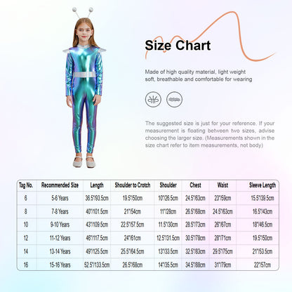 Kids Alien Cosplay Costume Outfits Boys Girls Metallic Shiny Alien Jumpsuit Halloween Full Length Bodysuit with Hair Hoop Suit