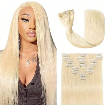 8 peças de Aplique de Cabelo Humano Tic Tac com 18 Clipes, Cabelo Humano Remi Dupla Trama para Mulheres, Loira Cor #613