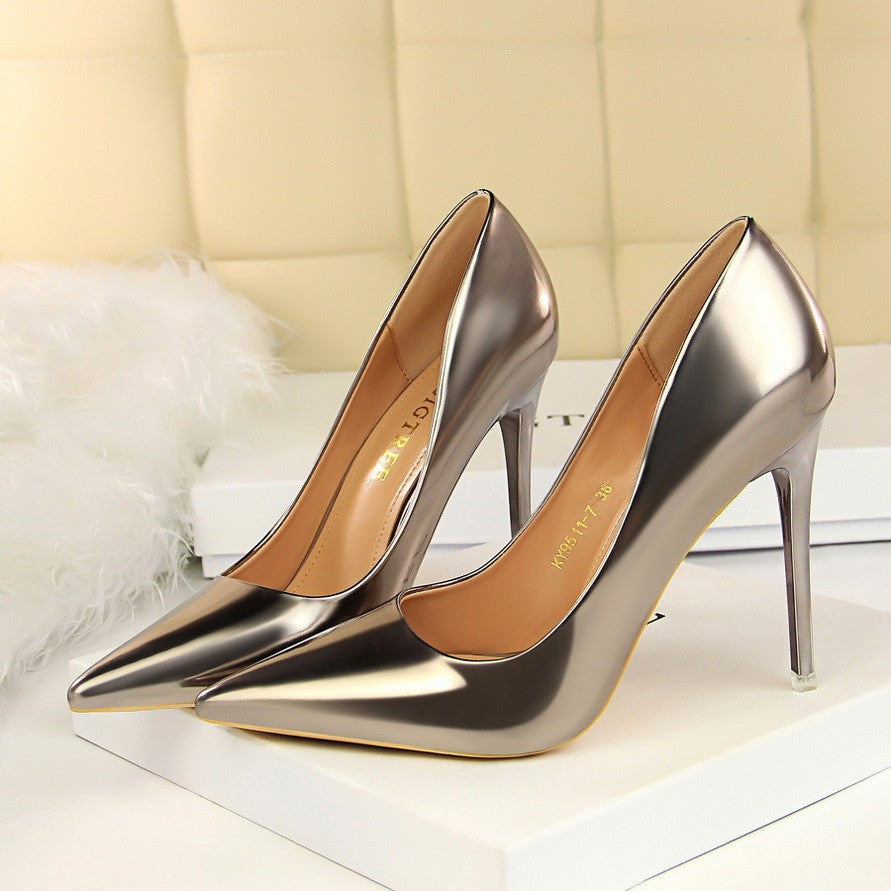 Women Mteallic Bronze Leather Pumps 7.5cm 10.5cm High Heels Lady Stiletto Middle Heels Wedding Bridal Gold Silver Event Shoes