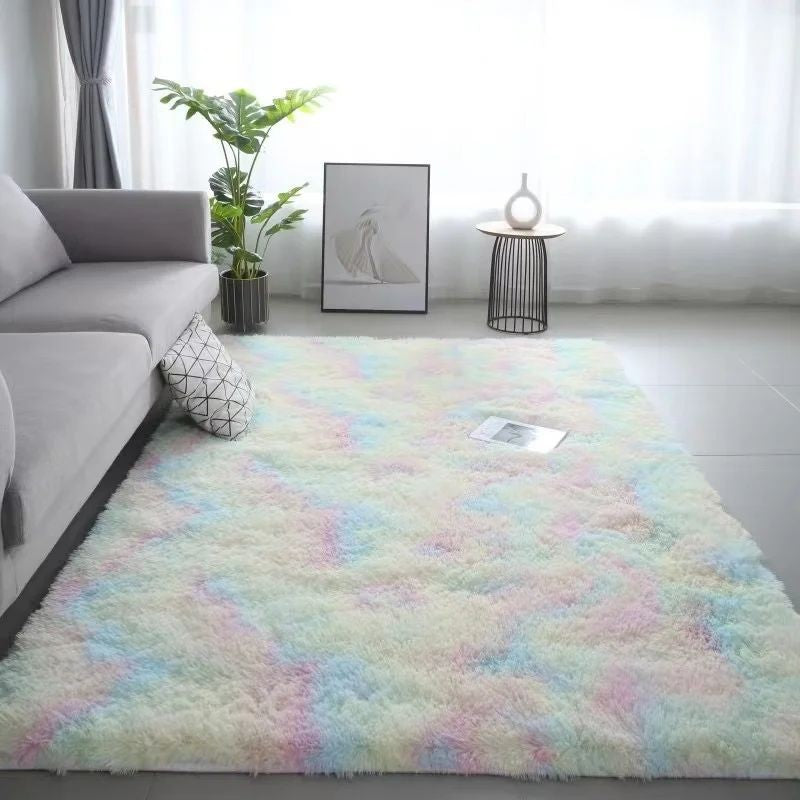 VIKAMA 1PC Silk Wool Rugs Children's Room Living Room Bedroom Tie-Dye Non-Slip Washable Machine Washable Carpet Mats