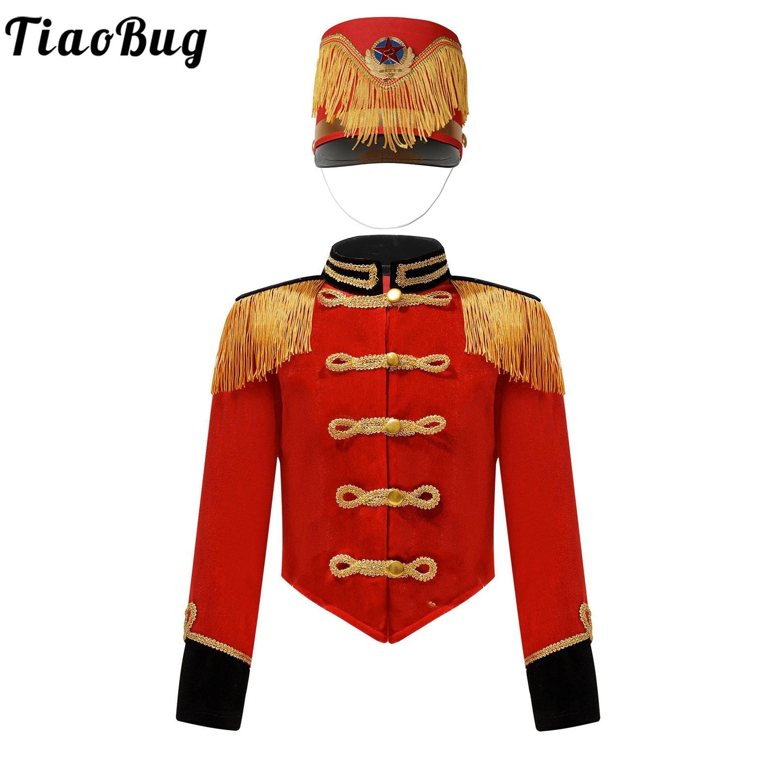 Boys Girls Drum Major Team Uniform Nutcrackers Costume Set Marching Band Tassel Jacket Coat Hat Outfits for Drummer Performance
