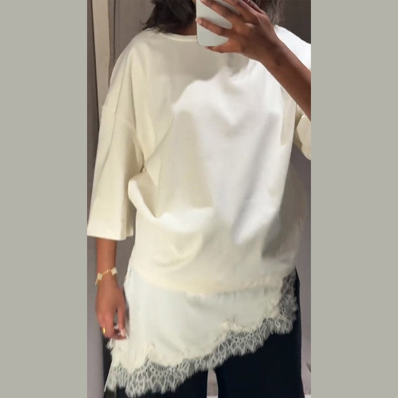 Fashion Lace Patchwork Mid Sleeve Tops for Women Elegant O Neck Loose Female T-shirt Spring New Lady Solid Shirts High Street