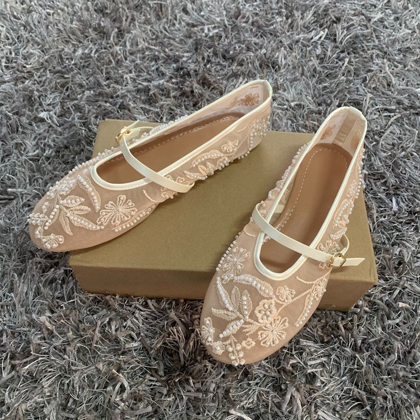 Embroidery Pearl Mesh Ballet Flats Women Fashion Hollow Round Toe Flat Sandals Elegant Comfortable Belt Buckle Mary Jane Shoes