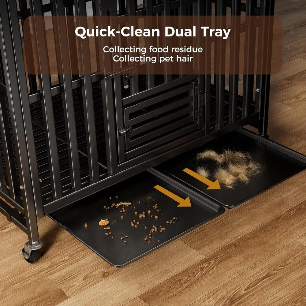 Heavy Duty Dog Crate, Escape-Proof Indestructible Cage for High-Anxiety Dogs, 3-Door Kennel with 4 Lockable Wheels