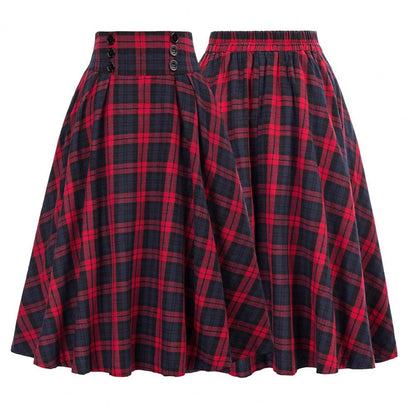 Women Skirt Elastic Waist Big Hem A-line Colorblock Plaid Print Loose Fit Skirt Ankle Length Pockets Retro Lady Maxi Skirt