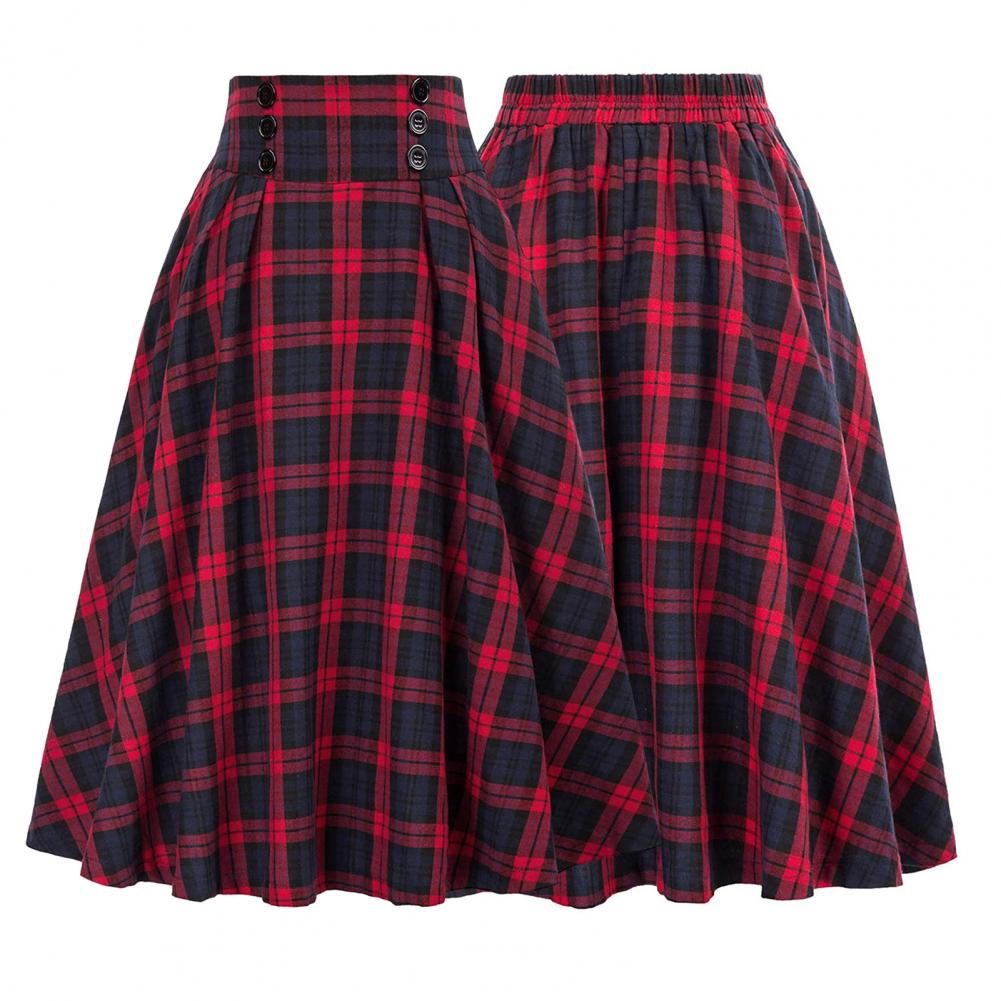 Women Skirt Elastic Waist Big Hem A-line Colorblock Plaid Print Loose Fit Skirt Ankle Length Pockets Retro Lady Maxi Skirt