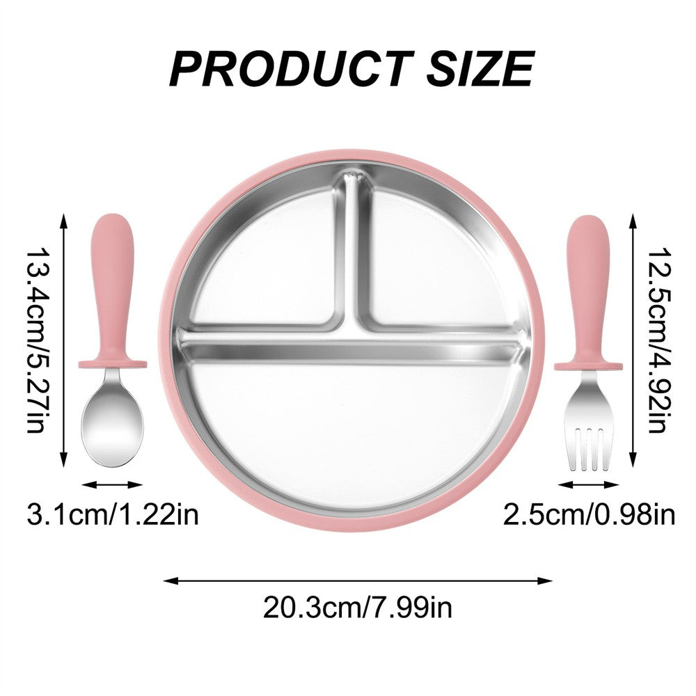 3PCS Silicone Stainless Steel Feeding Kit Toddler Sucker Feeding Dishes Plate Infant Self Feeding Training BPA Free Fork Spoon