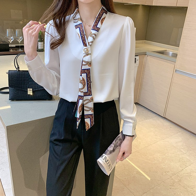 H Han Queen Spring Chiffon Simple Office Lady Blouse Female Shirt Bow Tops Long Sleeve Casual Korean OL Loose Blouses Women