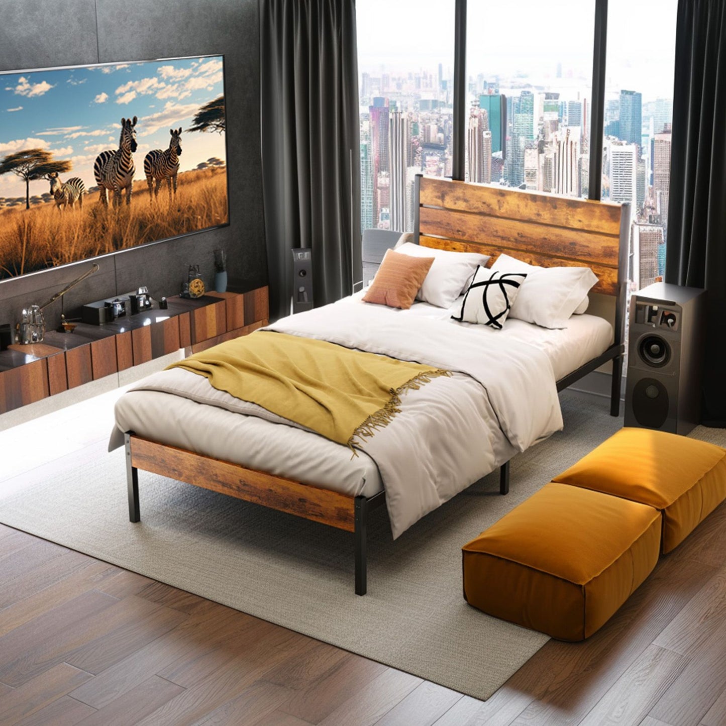 Cama Box de Metal Queen Size JHK com Cabeceira e Peseira e Suporte de Ripas de Madeira Resistente de 800LBS para Quarto e Casa