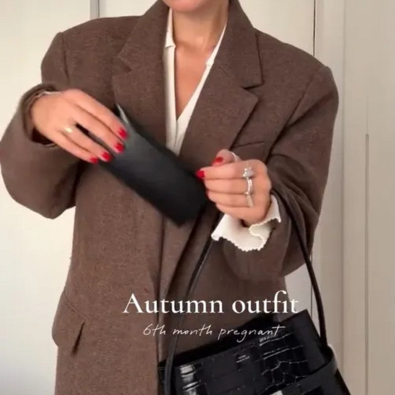 Women Shoulder Pad Wool Long Coats Fashion Lapel Single-breasted Long Sleeve Coat Chic 2025 Autumn Lady Commute Street Outerwear