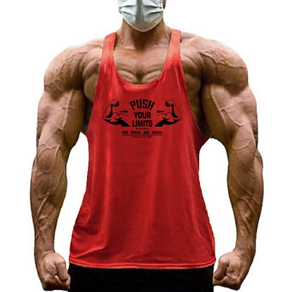PUSH YOUR LIMITS NO PAIN NO GAIN Cotton Gym Tank Top Mens Bodybuilding Clothing Y Back Fitness Stringer Singlets Workout Shirt