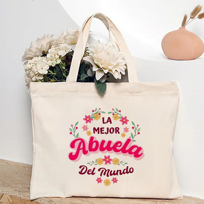 Spanish Abuela Quote Tote Bag Vibrant Shoulder Handbag with Heart Ribbon Design Perfect for Mother’s Day & Grandma Appreciation