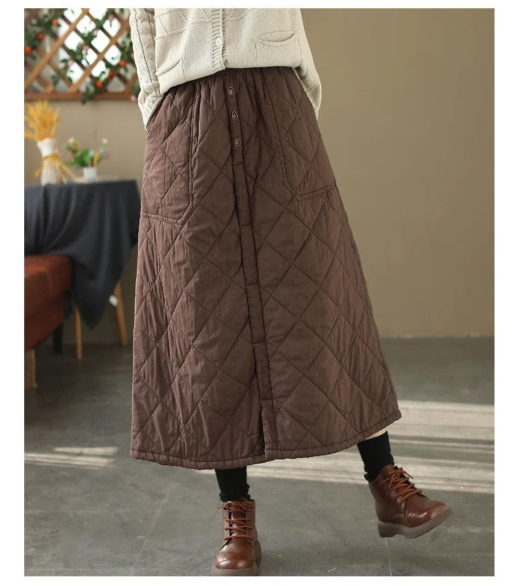 Retro Warm Cotton Quilted Long Midi Skirt High Waist A-Line Skirt for Middle-Aged And ly Women Diamond Patterned f Skirt