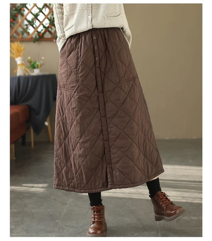 Retro Warm Cotton Quilted Long Midi Skirt High Waist A-Line Skirt for Middle-Aged And ly Women Diamond Patterned f Skirt