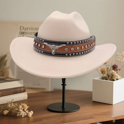Fashionable Wide Brim Hat with Rhinestone Bull Belt - Trendy Cowgirl Cap for Men and Women Perfect for Outdoor Activities