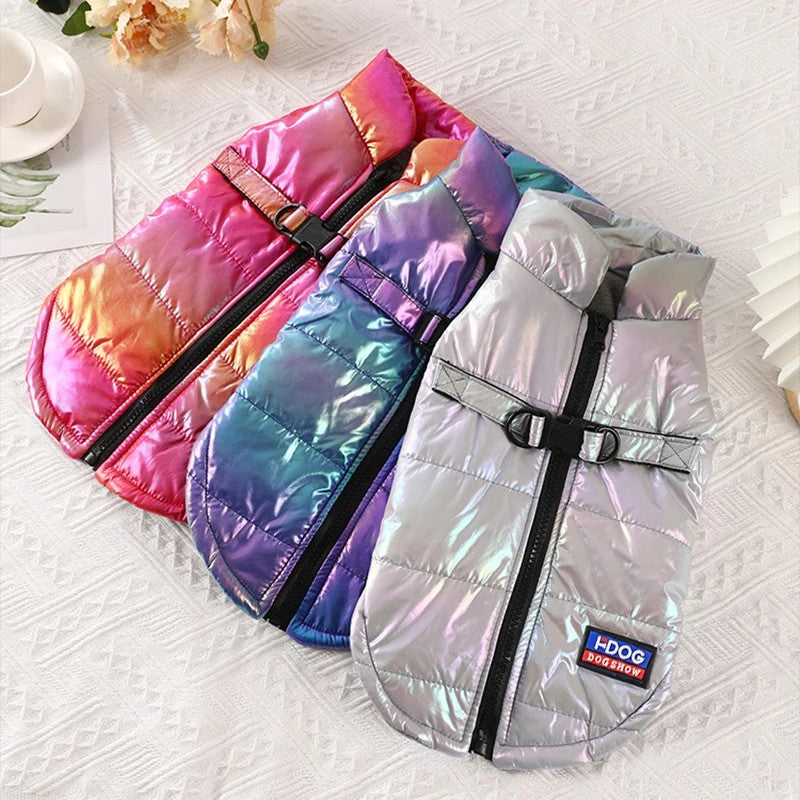 Colete impermeável, refletivo, de cor gradiente com forro de lã para roupas quentes para pets, casaco quente para cães, roupas para gatos, suprimentos para pets