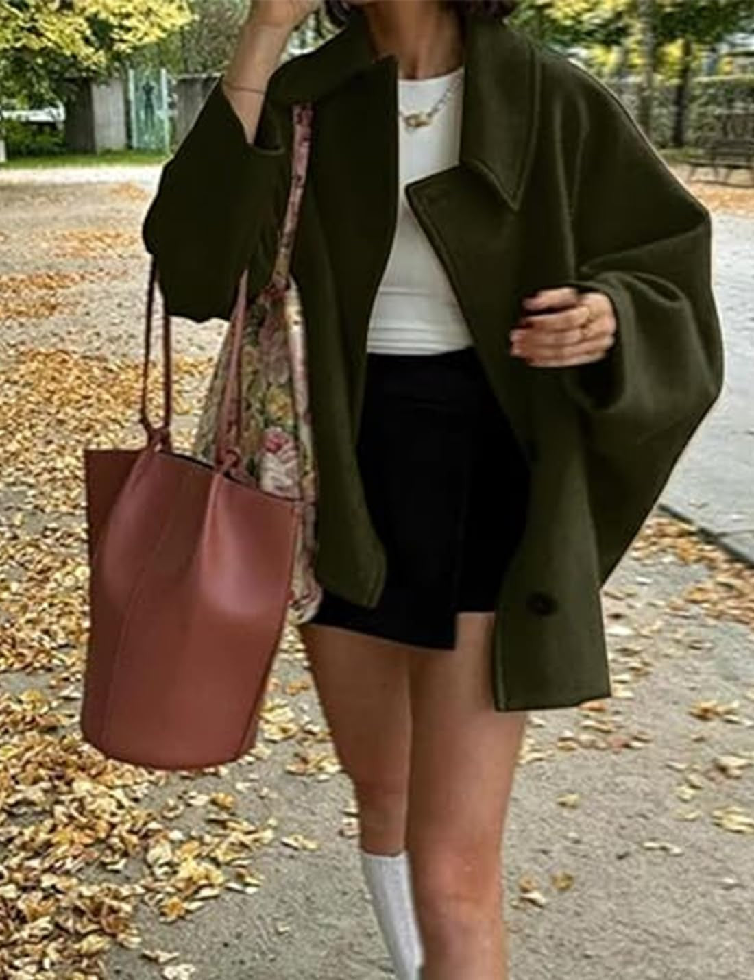 Women's Oblique Button Loose Batwing Sleeve Jacket Coat Lapel Double Pocket Warm Solid Vintage Outerwear Fall Winter Coat